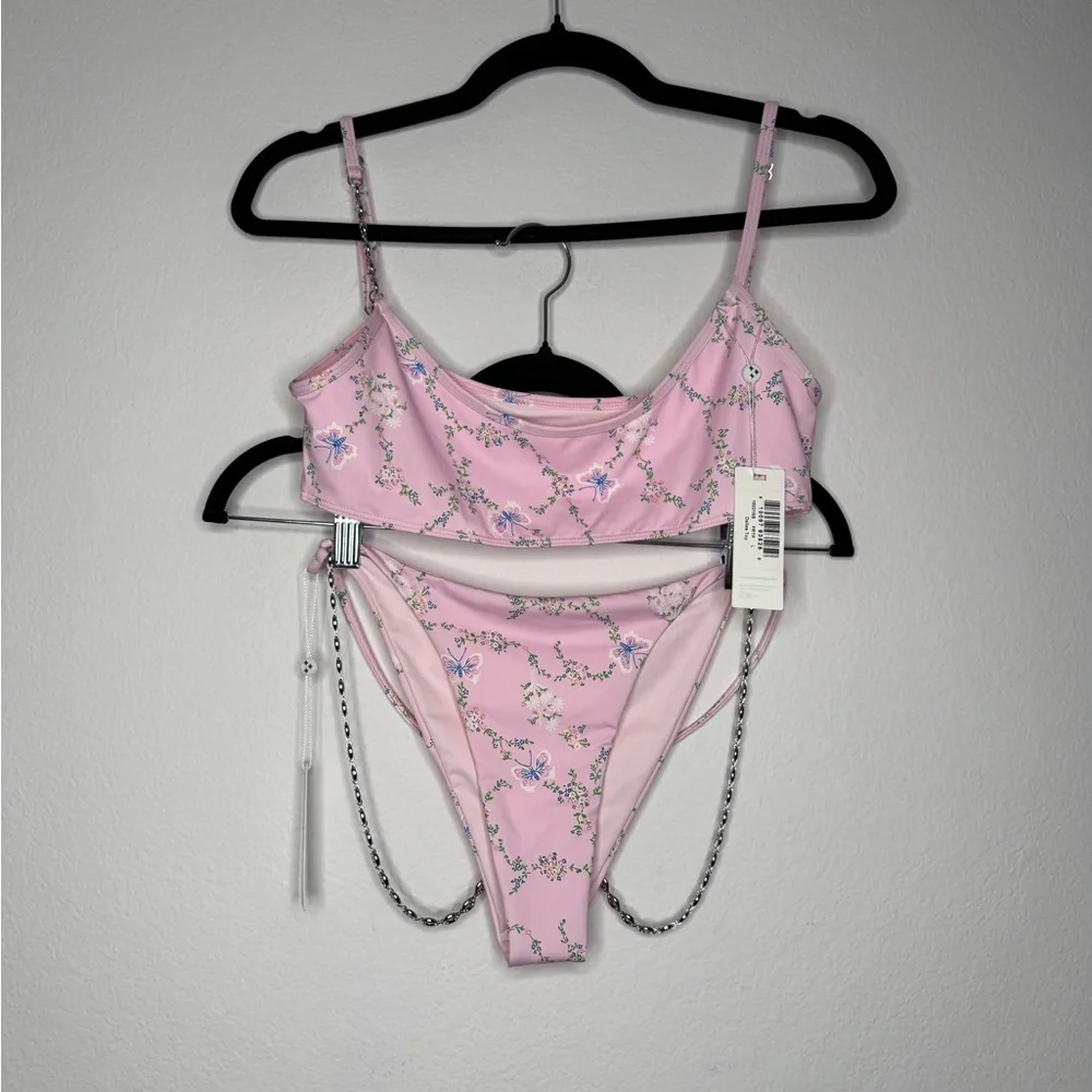 Frankie’s Bikinis Fairytale Dallas Top Isabella Bottom Floral Chain Set L NWT